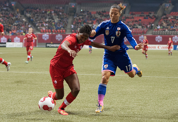 VANCOUVER, BC - OCTOBER 28: Yuki Ogimi #17 of Japan fouls Kadeisha Buchanan #3 of Canada in Women's International Soccer Friendly Series action on October 28, 2014 at BC Place Stadium in Vancouver, British Columbia, Canada.  (Photo by Rich Lam/Getty Images)