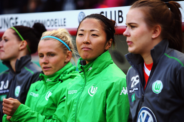COLOGNE, GERMANY - MAY 01:  Yuki Ogimi (2R) of Wolfsburg looks on up prior to the Women's DFB Cup Final between Turbine Potsdam and VfL Wolfsburg at RheinEnergieStadion on May 1, 2015 in Cologne, Germany.  (Photo by Alex Grimm/Bongarts/Getty Images)
