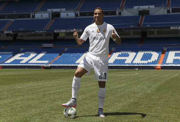 MADRID, SPAIN - JULY 09: Danilo poses during his official presentation as a new Real Madrid player at Estadio Santiago Bernabeu on July 9, 2015 in Madrid, Spain. (Photo by Angel Martinez/Real Madrid via Getty Images)