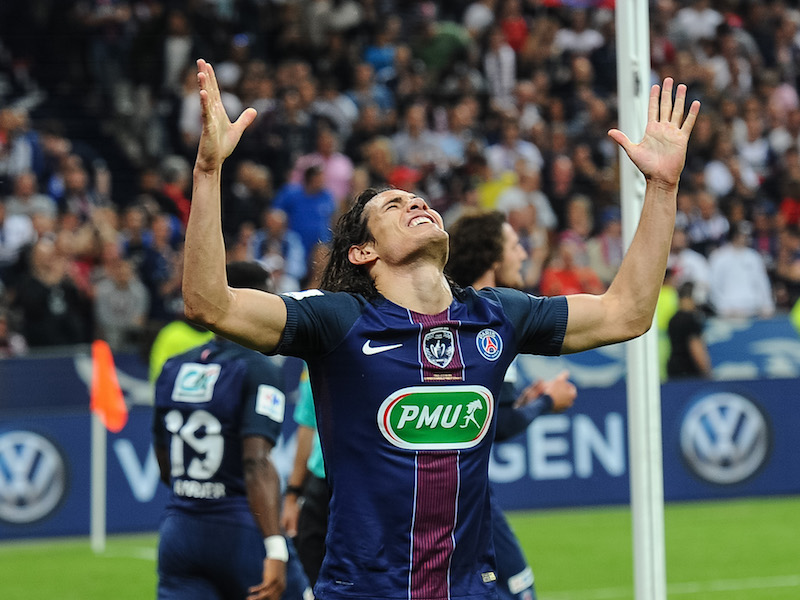 PARIS, FRANCE - MAY 21: Edinson Cavani of Paris Saint-Germain celebrate his goal during the final French Cup between Paris Saint-Germain and Olympique de Marseille  at Stade de France on May 21, 2016 in Paris, France.  (Photo by Frederic Stevens/Getty Images)