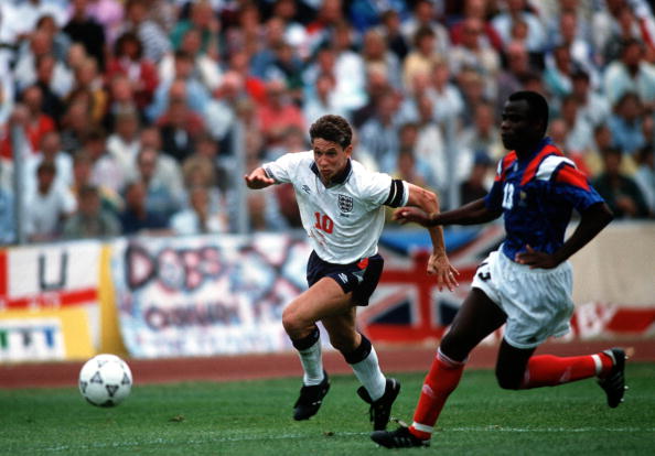 Sport, Football. European Championships, 1992. Malmo, Sweden. Group1. 14th June, 1992. England 0 v France 0. England's Gary Lineker moves away from France's Basile Boli.