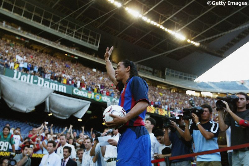 Ronaldinho of Brazil waves to the fans