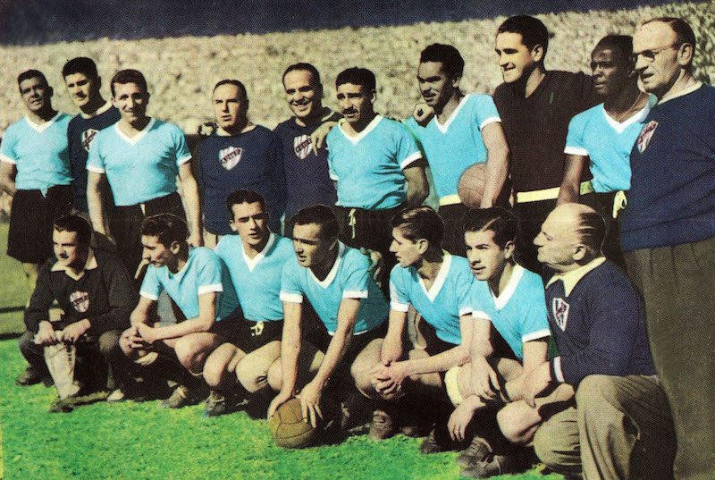 Sport. Football. World Cup Final. 16th July 1950. Maracana Stadium, Rio de Janeiro. Brazil 1. v Uruguay 2. The Uruguay. Back row,l-r, Obdulio Varela (captain), Juan Lopez (coach), Tejera, Vazquez (trainer), Abate (trainer), Gambetta, Gonzalez, Roque Maspo