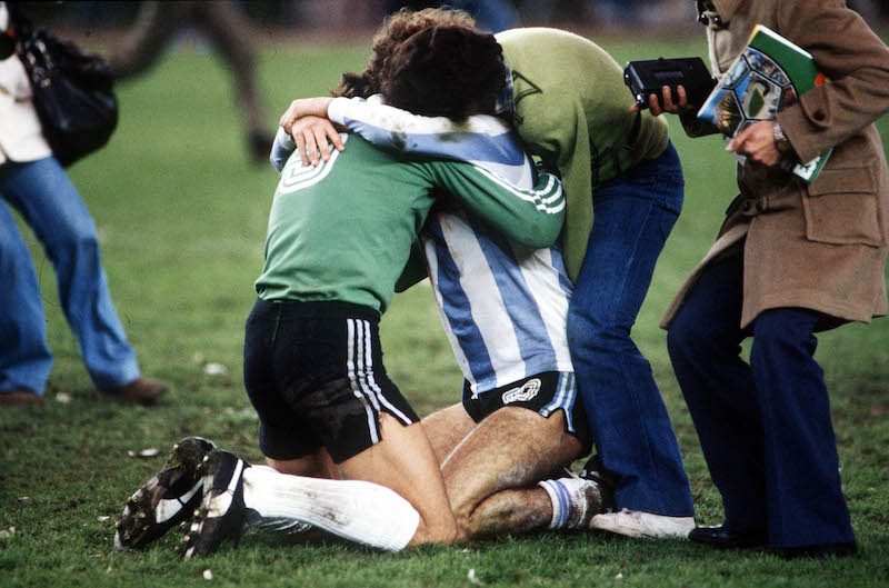 1978 World Cup Final. Buenos Aires, Argentina. 25th June, 1978. Argentina 3 v Holland 1 . Argentina's Alberto Tarantini celebrates with goalkeeper Ubaldo Fillol as they become World Champions for the first time in history.