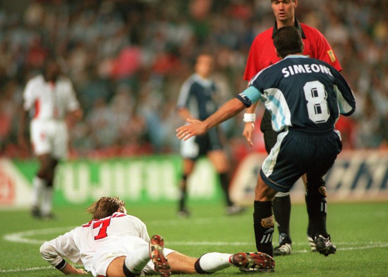 World Cup 1998 Finals, St. Etienne, France. 30th June, 1998. England 2 v Argentina 2 (Argentina win 4-3 on penalties). The incident in which England's David Beckham kicks out at Diego Simeone in front of the referee, resulting in his red card.