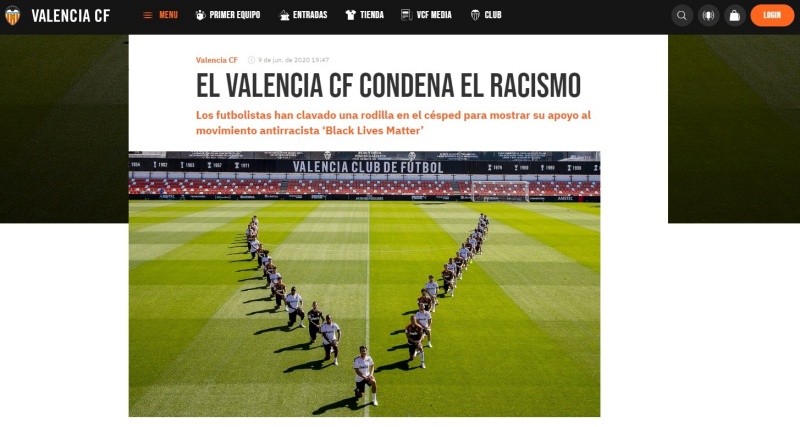 バレンシア 人種差別に断固no 選手たちが片ひざ立ちで Black Lives Matter 賛同の姿勢を示す サッカーキング