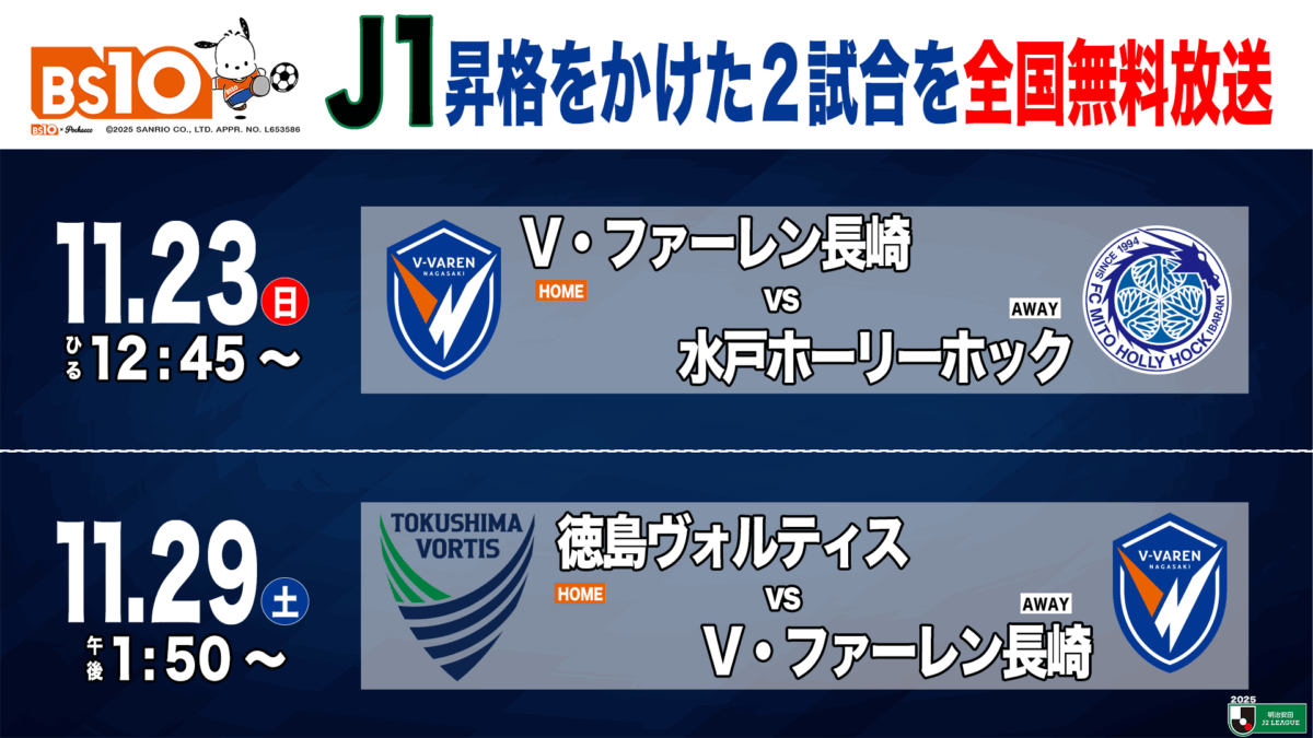 BS10、J1昇格をかけた運命の2試合 長崎対水戸＆徳島対長崎を全国無料生中継