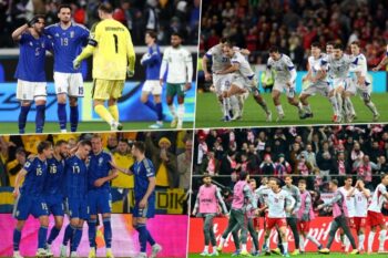 イタリア代表（左上）とボスニア・ヘルツェゴヴィナ代表（右上）とスウェーデン代表（左下）とポーランド代表（右下）